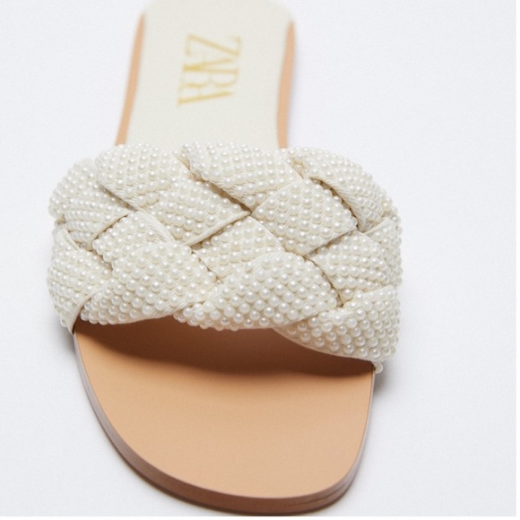 ZARA Pearl Beaded Knot Woven Slides Sandals - Picture 4 of 4